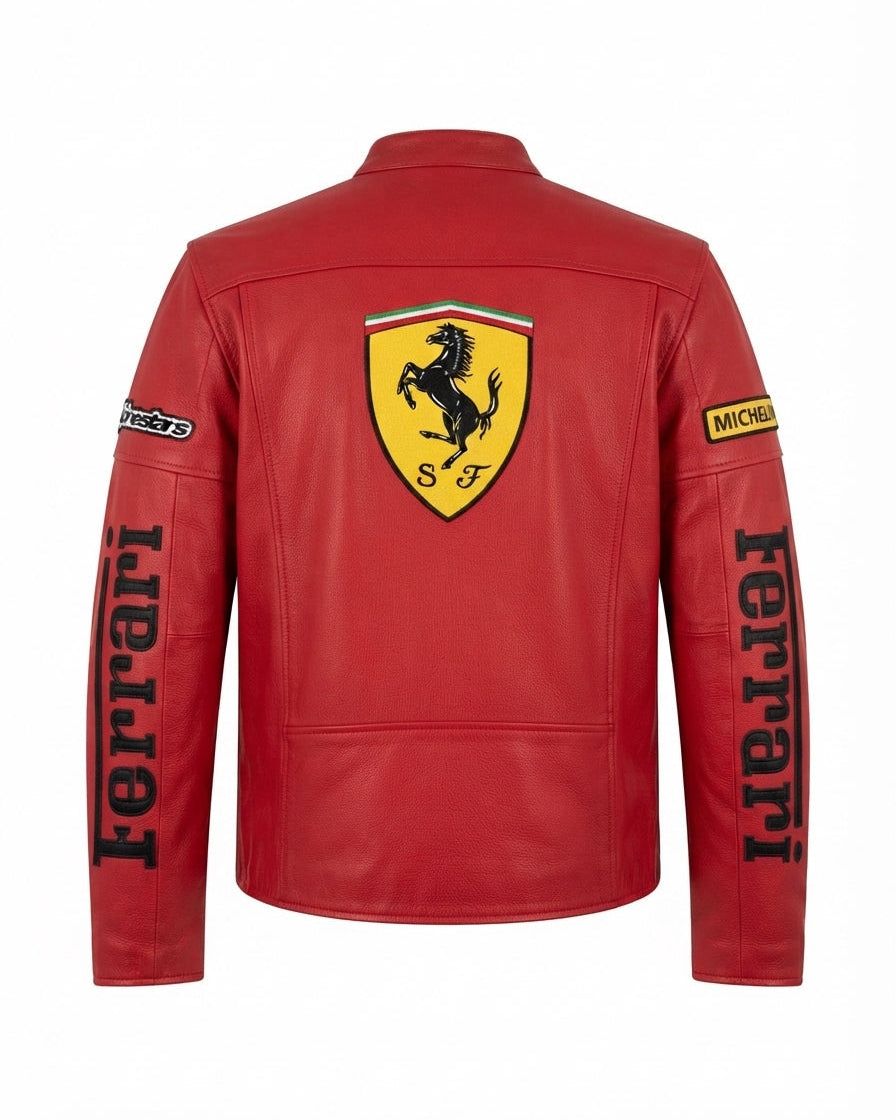 Red leather motorcycle jacket shown from the back, featuring a large yellow Ferrari shield logo on the center back, 'Ferrari' text down both sleeves, and a Michelin patch on the right sleeve.