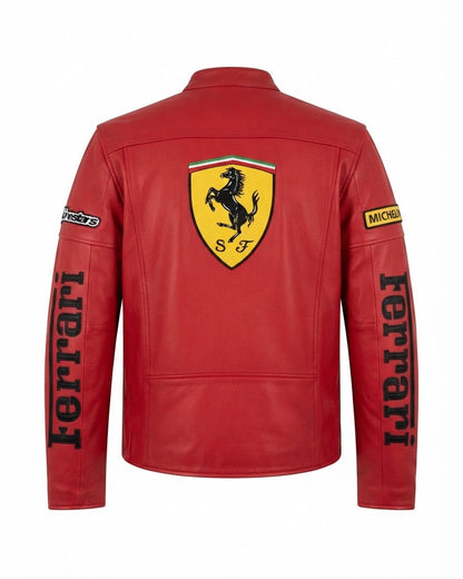 Red leather motorcycle jacket shown from the back, featuring a large yellow Ferrari shield logo on the center back, 'Ferrari' text down both sleeves, and a Michelin patch on the right sleeve.