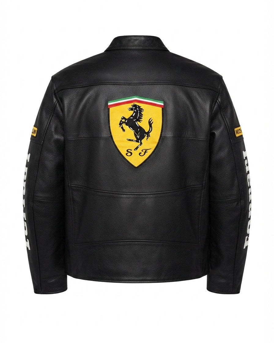 Black leather jacket shown from the back, featuring a large yellow Ferrari shield logo with green, white, and red stripes on the upper back, and white lettering down both sleeves.