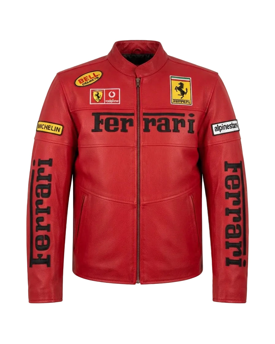 A red leather jacket inspired by Ferrari, featuring the Ferrari logo and various sponsor patches on the chest and sleeves, with 'Ferrari' printed vertically on both arms.