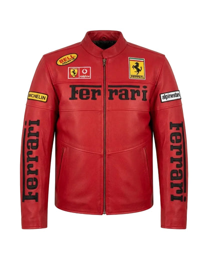 A red leather jacket inspired by Ferrari, featuring the Ferrari logo and various sponsor patches on the chest and sleeves, with 'Ferrari' printed vertically on both arms.