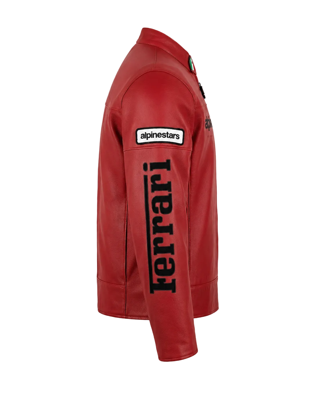 A red leather jacket shown from the side profile against a light gray background, featuring a large black Ferrari logo printed vertically on the sleeve and an alpinestars patch on the upper arm.
