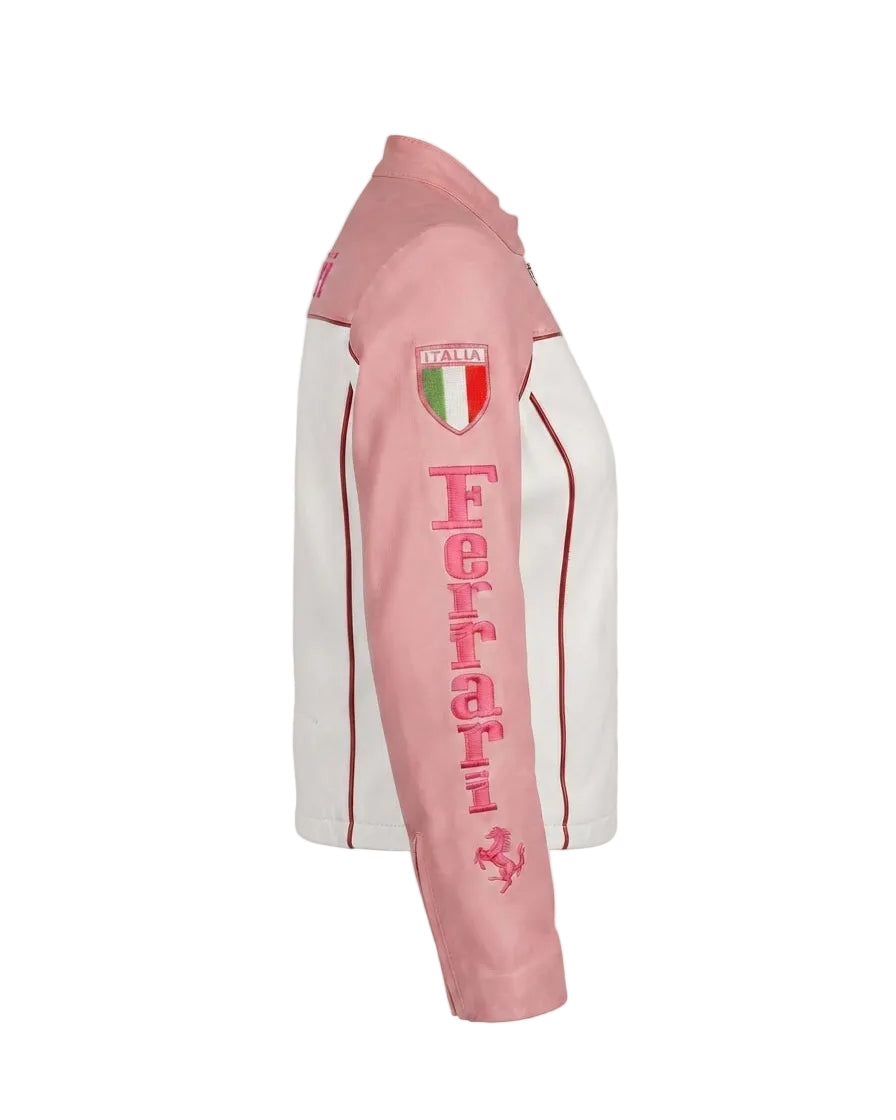 A pink and white Ferrari jacket shown from the side profile against a light gray background. The jacket features a pink collar and upper sleeve, a white body, red piping, a shield crest with the Italian flag on the upper arm, and 'Ferrari' printed vertically in pink on the forearm.